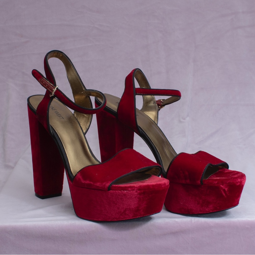 Nine West Deep Red Velvet Platform Heels